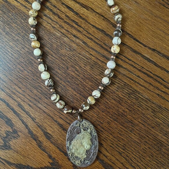 Handcrafted Brown (plum tint) & Cream Jasper Beaded Necklace with Horse Pendant - Picture 6 of 9